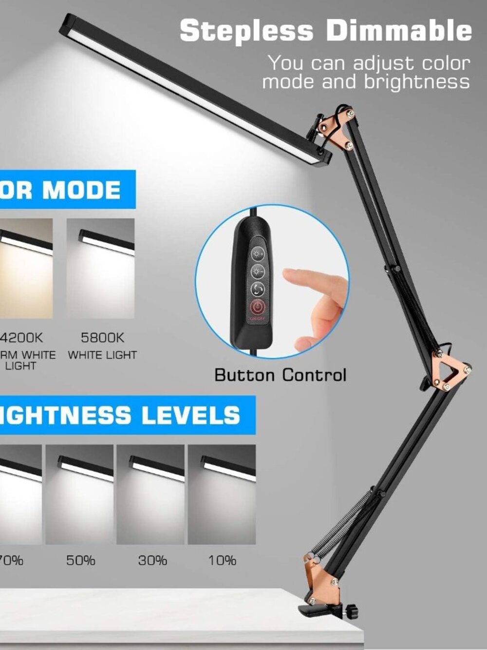 LED Light Metal Swing Arm Desk Lamp with Clamp, Dimmable Task Light